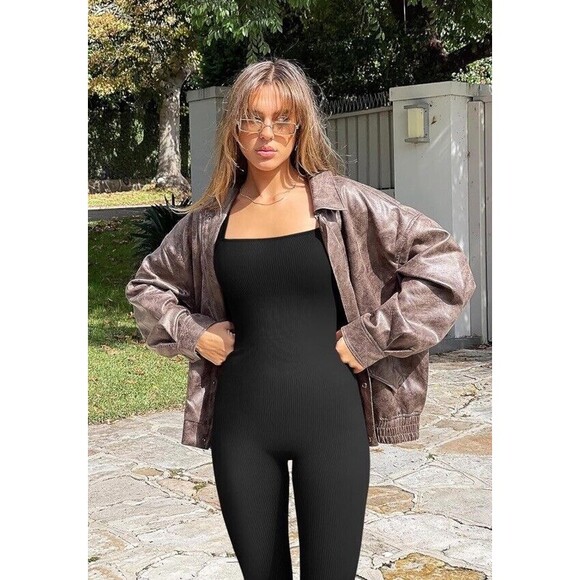 OQQ Medium Black Bodysuit Stretch Slimming Ribbed Square Neck Jumpsuit One Piece - Picture 2 of 8